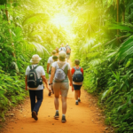 Turistas apreciando a natureza exuberante em uma trilha no Brasil.
