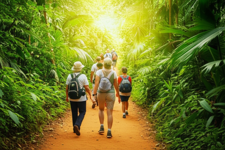 Turismo Slow e Natureza Brasileira Turistas apreciando a natureza exuberante em uma trilha no Brasil.