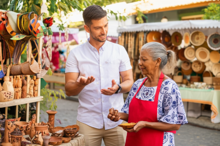 Conectando-se com a Cultura Local no Turismo Slow Turista interagindo com moradora local em uma feira de artesanato no Brasil.