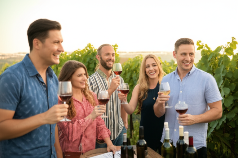 Experiência Sensorial em Vinícola Pessoas degustando vinho em vinícola durante turismo experimental.