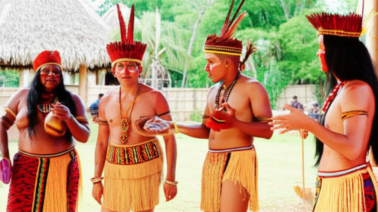 Turismo Comunitário e Regenerativo Ecoturismo em uma comunidade indígena, mostrando a cultura local e a natureza preservada.