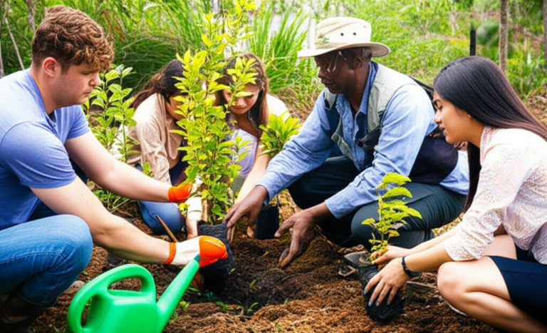 Ações de Reflorestamento Grupo de turistas plantando árvores em área de reflorestamento