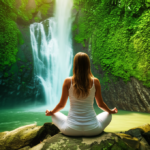 Mulher meditando em frente a uma cachoeira exuberante
