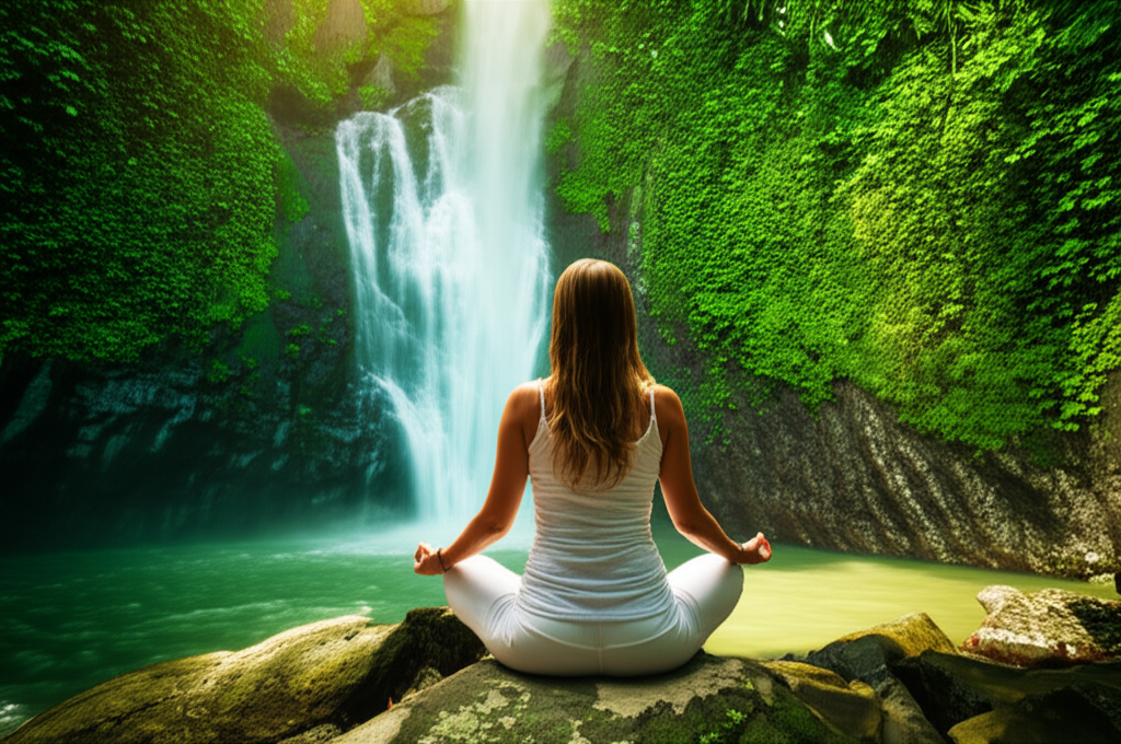 Mulher meditando em frente a uma cachoeira exuberante