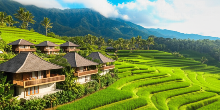 Vista aérea de um retiro de yoga em Bali