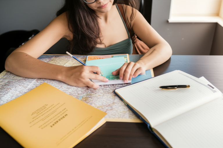Mulher planejando sua viagem com um mapa e um guia de viagem