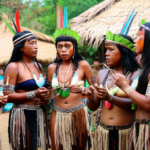 Indígenas brasileiros realizando ritual ancestral em aldeia