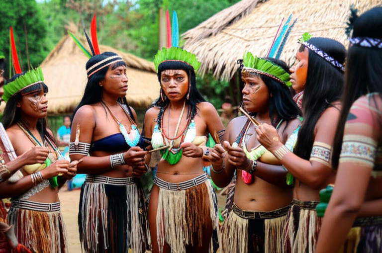 Ritual Ancestral Indígena Indígenas brasileiros realizando ritual ancestral em aldeia