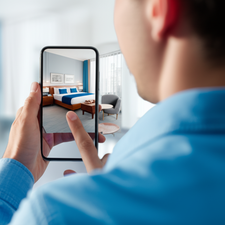 Visualização Imersiva de Hotéis com RA Usuário visualizando quarto de hotel em Realidade Aumentada