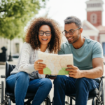 Casal em cadeira de rodas explorando um mapa turístico