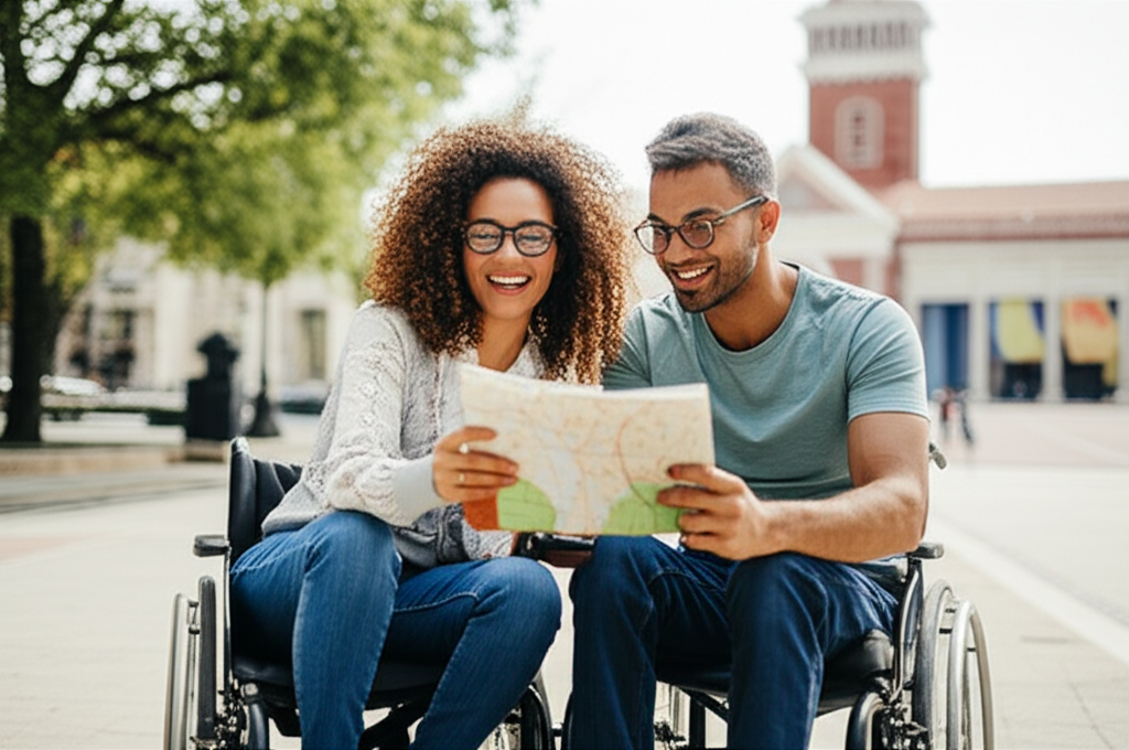Casal em cadeira de rodas explorando um mapa turístico