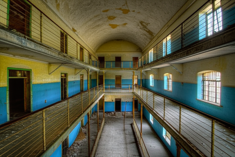 Prisão Abandonada: Cenário do Turismo Noir Prisão abandonada com aparência sombria e atmosfera decadente.