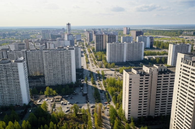 Chernobyl: Destino de Turismo Noir Fotografia aérea da cidade fantasma de Chernobyl, Ucrânia.