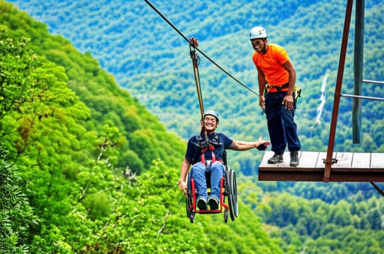 Tirolesa Acessível Cadeirante praticando tirolesa com equipamento adaptado.
