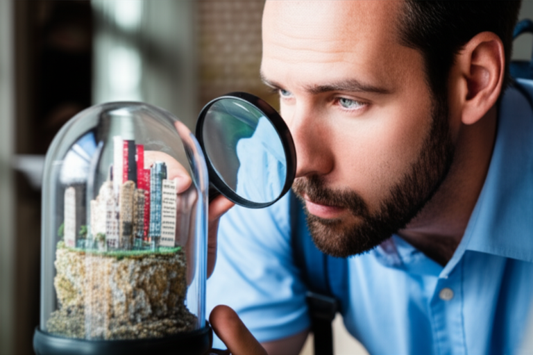 Turista observando miniatura com lupa
