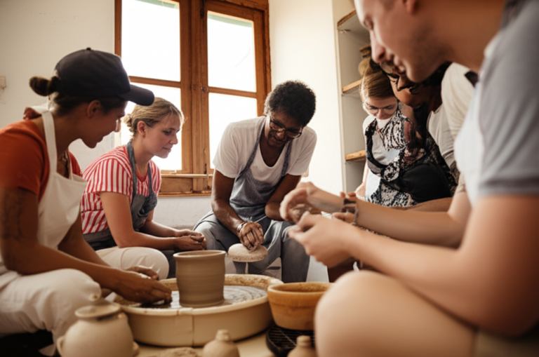 Imersão Cultural Autêntica Grupo de turistas participando de uma oficina de cerâmica local em uma vila remota.