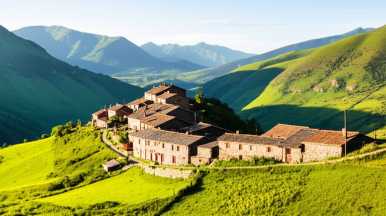 Vila Remota nas Montanhas Paisagem deslumbrante de uma vila remota encravada nas montanhas.