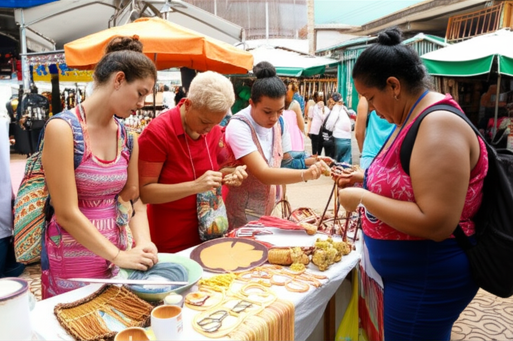 Grupo de turistas interagindo com artesãos locais em um mercado de rua