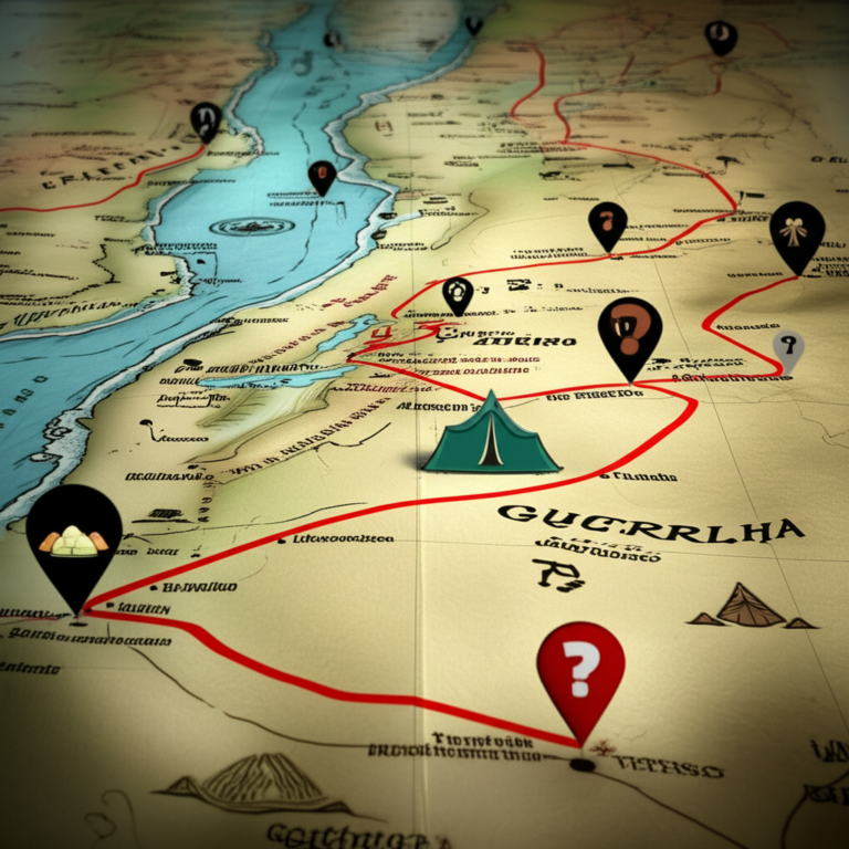 Planejamento Flexível para Turismo de Guerrilha Mapa com roteiro de viagem marcado em um destino remoto