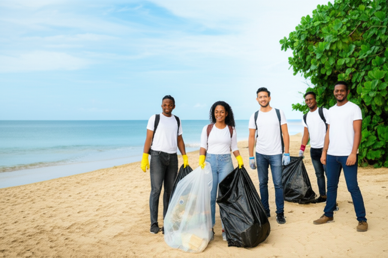 Turismo de Guerrilha e Sustentabilidade Voluntários limpando uma praia, representando o turismo responsável