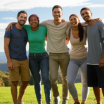 Pessoas sorrindo em uma microviagem, desfrutando da natureza.