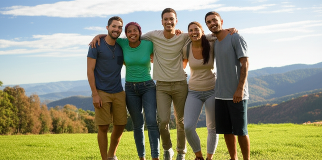 Pessoas sorrindo em uma microviagem, desfrutando da natureza.