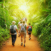 Turistas apreciando a natureza exuberante em uma trilha no Brasil.